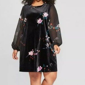 Ava & Viv Floral Velvet Shift Dress Sheer Sleeve